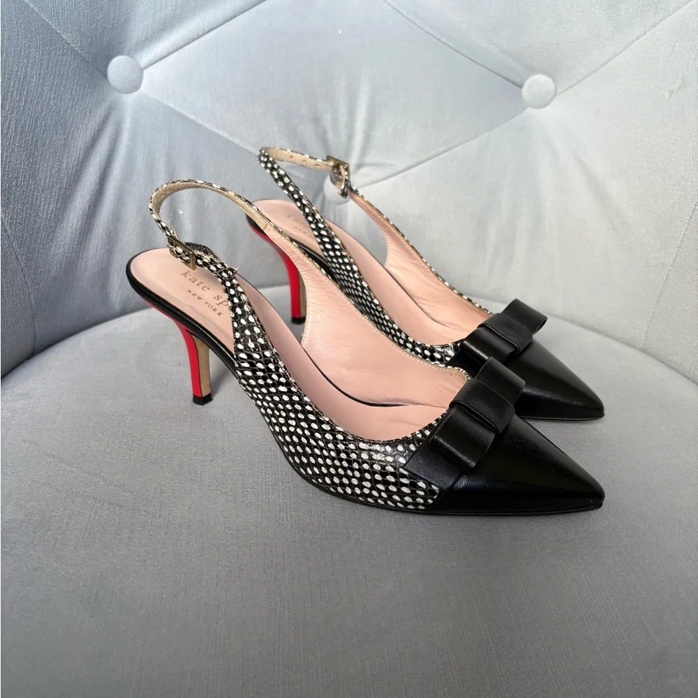 kate spade Black and White Polka Dot Bow Slingback Heels - Picture 5 of 10
